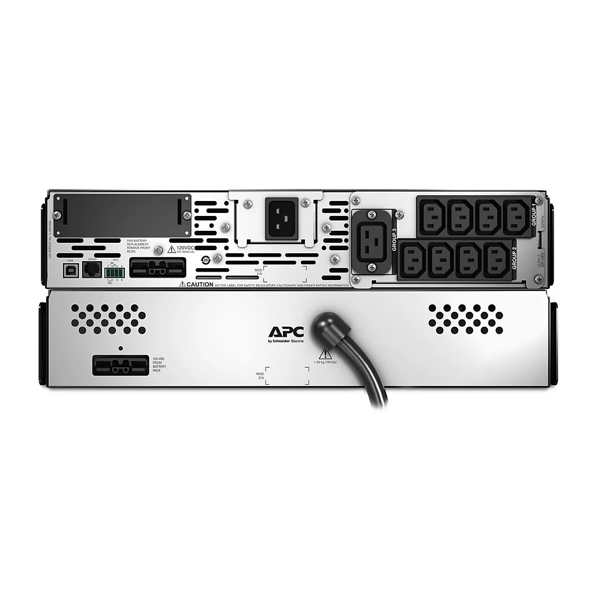 Rückseite eines APC USV-Geräts mit verschiedenen Steckdosen, Anschlüssen und einem Stromkabel.