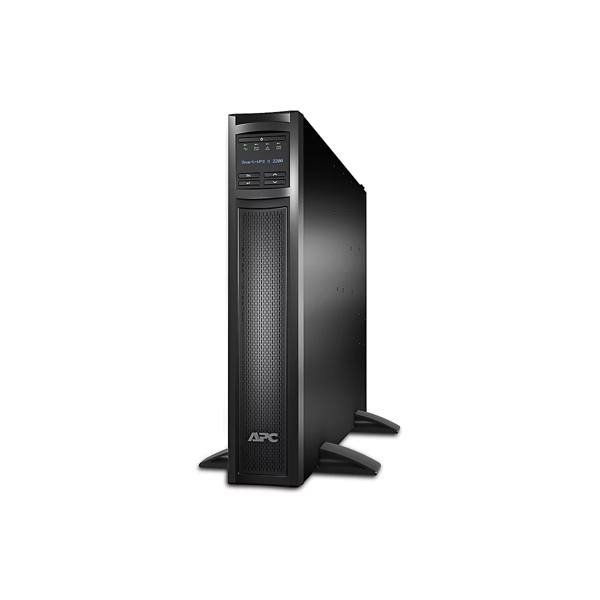 Schwarze APC USV Smart-UPS X 2200 vor weißem Hintergrund. Das Gerät hat ein Display, eine perforierte Front und zwei Standfüße.