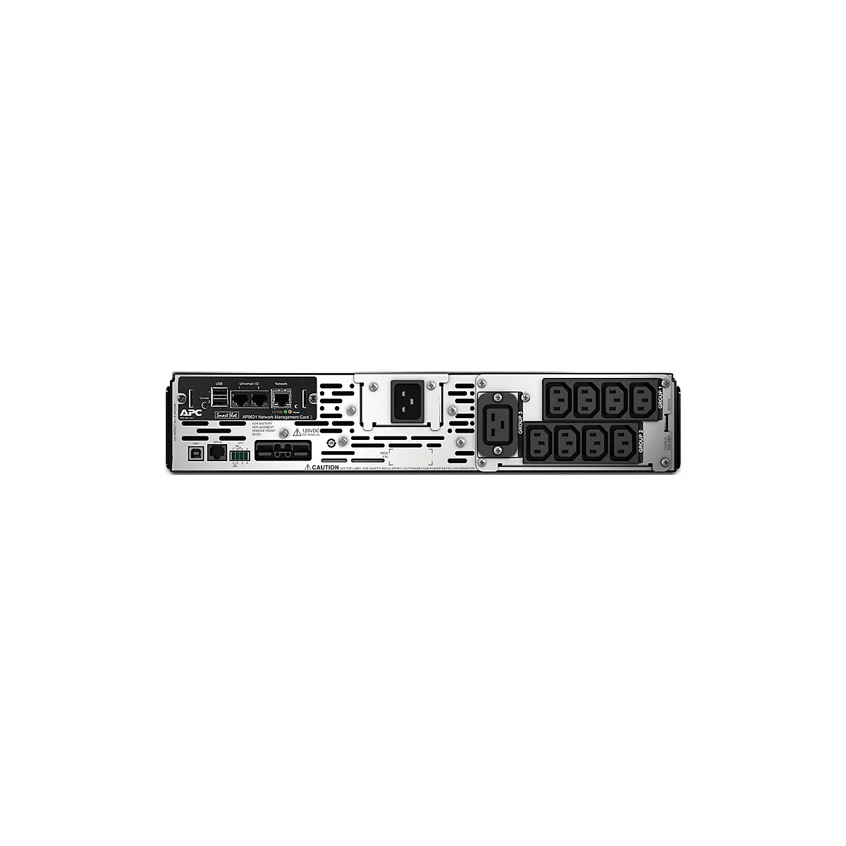 Ein Gerät mit Anschlüssen, wie USB, Netzwerk und Stromversorgung. Beschriftungen wie "APC", "Smart Slot" und "Group" sind sichtbar.