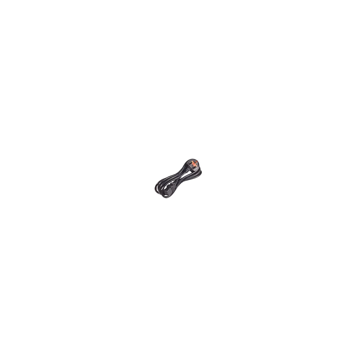 Ein schwarzes Netzkabel mit Stecker und Buchse, vor weißem Hintergrund.