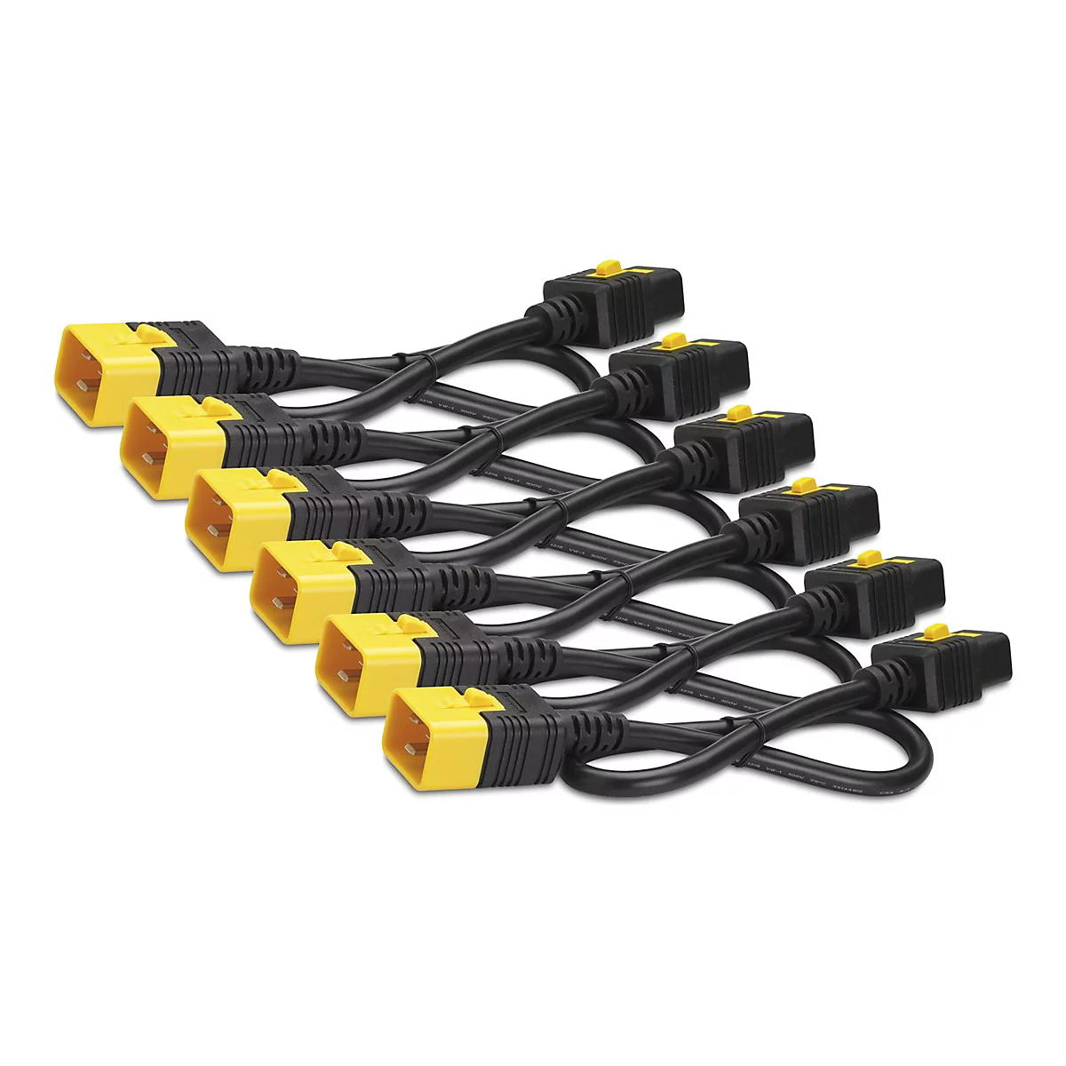 Mehrere schwarze Kabel mit gelben Steckern auf weißem Hintergrund.