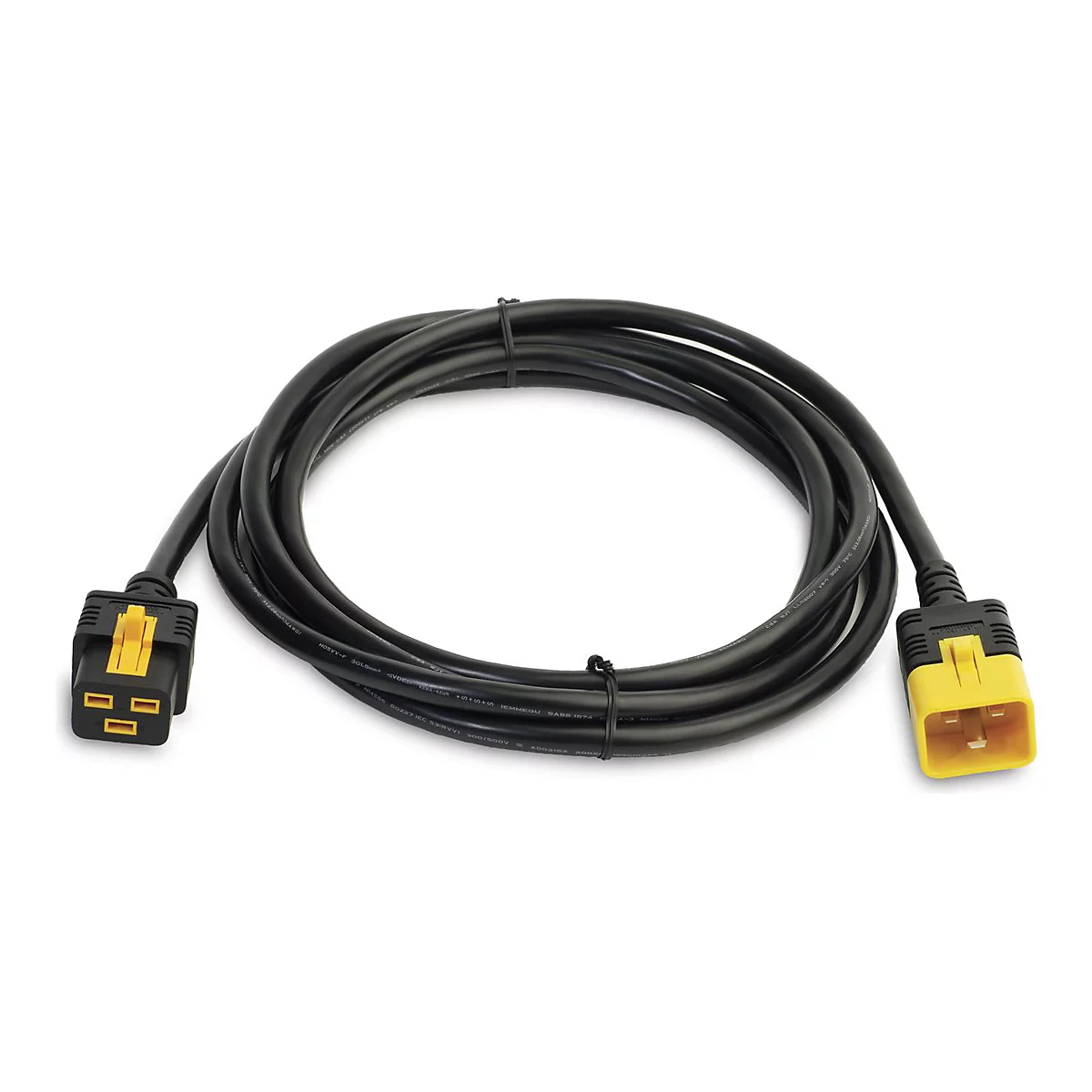 Schwarzes Kabel mit gelben Steckern an den Enden, auf weißem Hintergrund.