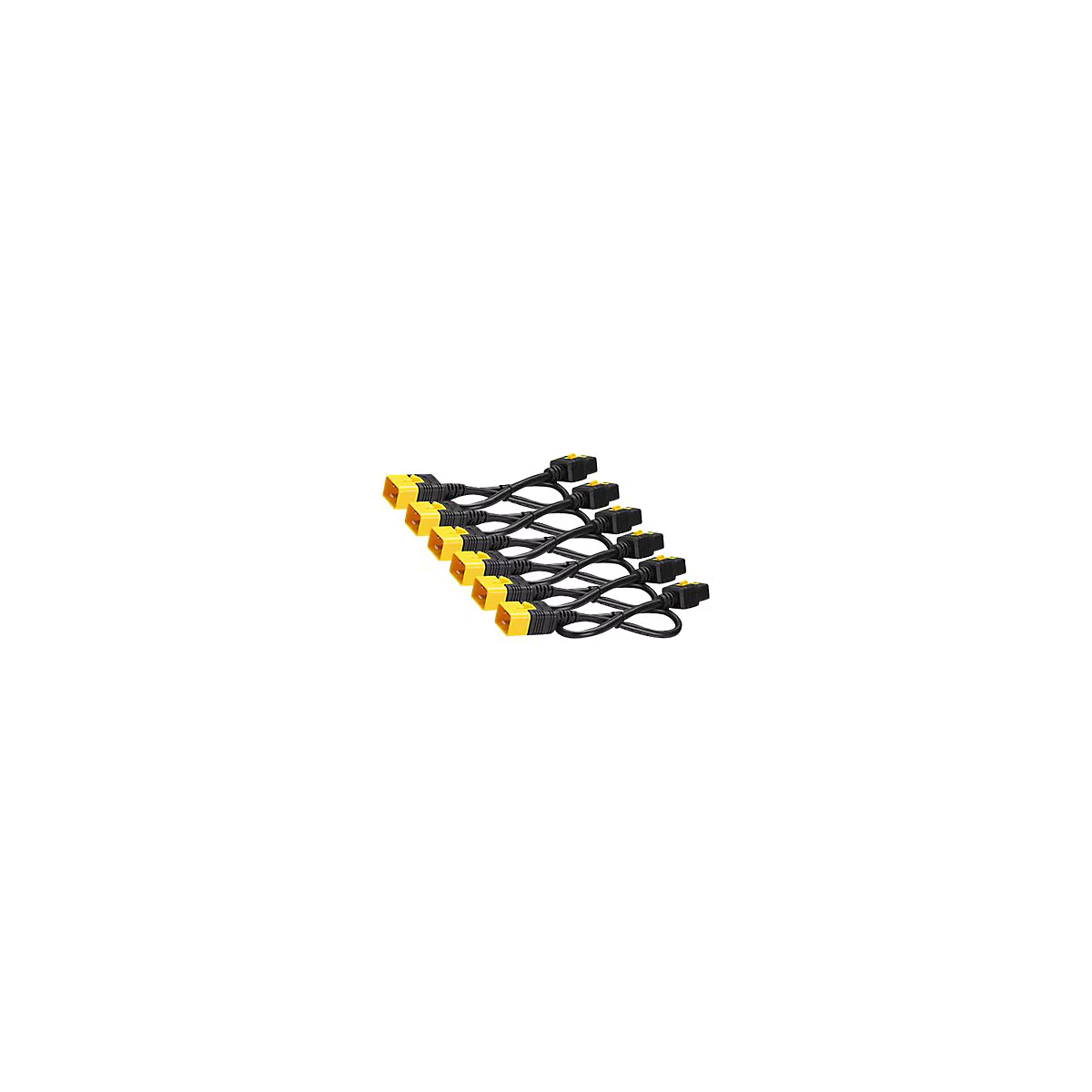 Mehrere schwarze Kabel mit gelben Steckern und Knöpfen. Sie liegen überlappend auf hellem Hintergrund.