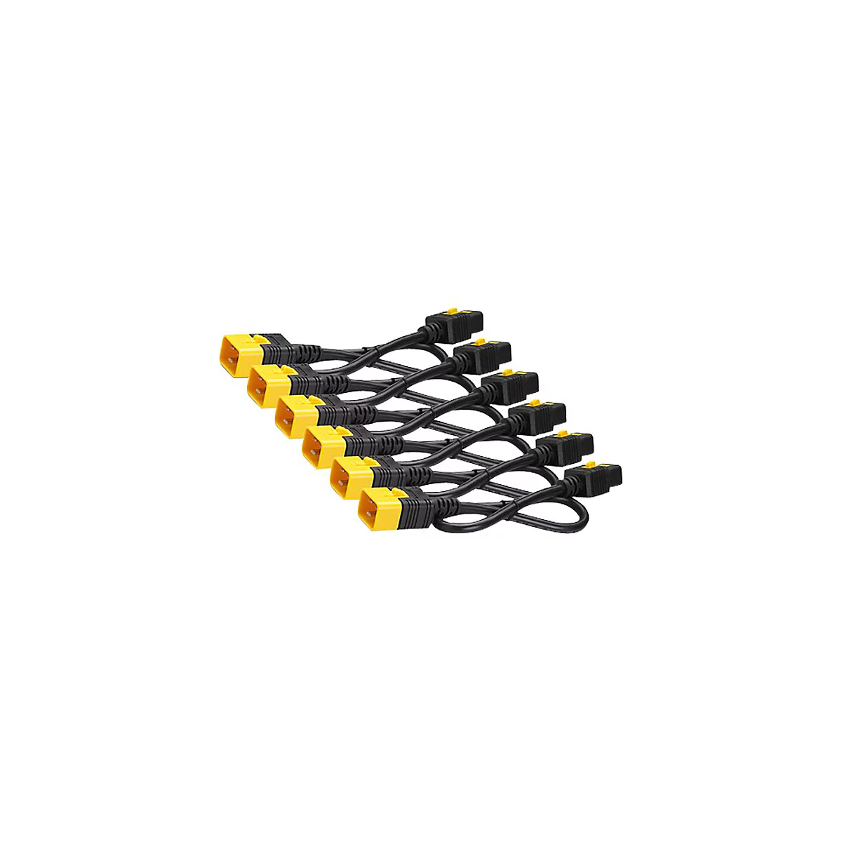 Mehrere schwarze Netzkabel mit gelben Steckern liegen auf weißem Hintergrund.