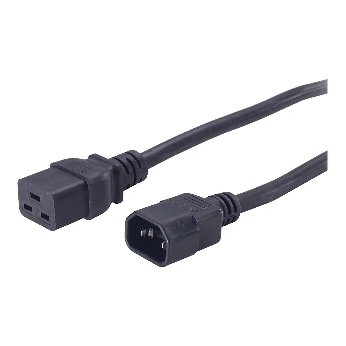 Ein schwarzes Netzkabel mit zwei Steckern. Der Stecker links hat drei Löcher, der rechte Stecker hat zwei Stifte.