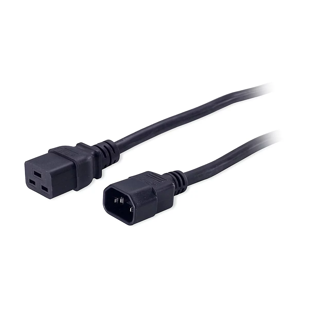 Ein schwarzes Netzkabel mit zwei Steckern, der eine mit drei Löchern und der andere mit zwei Stiften.
