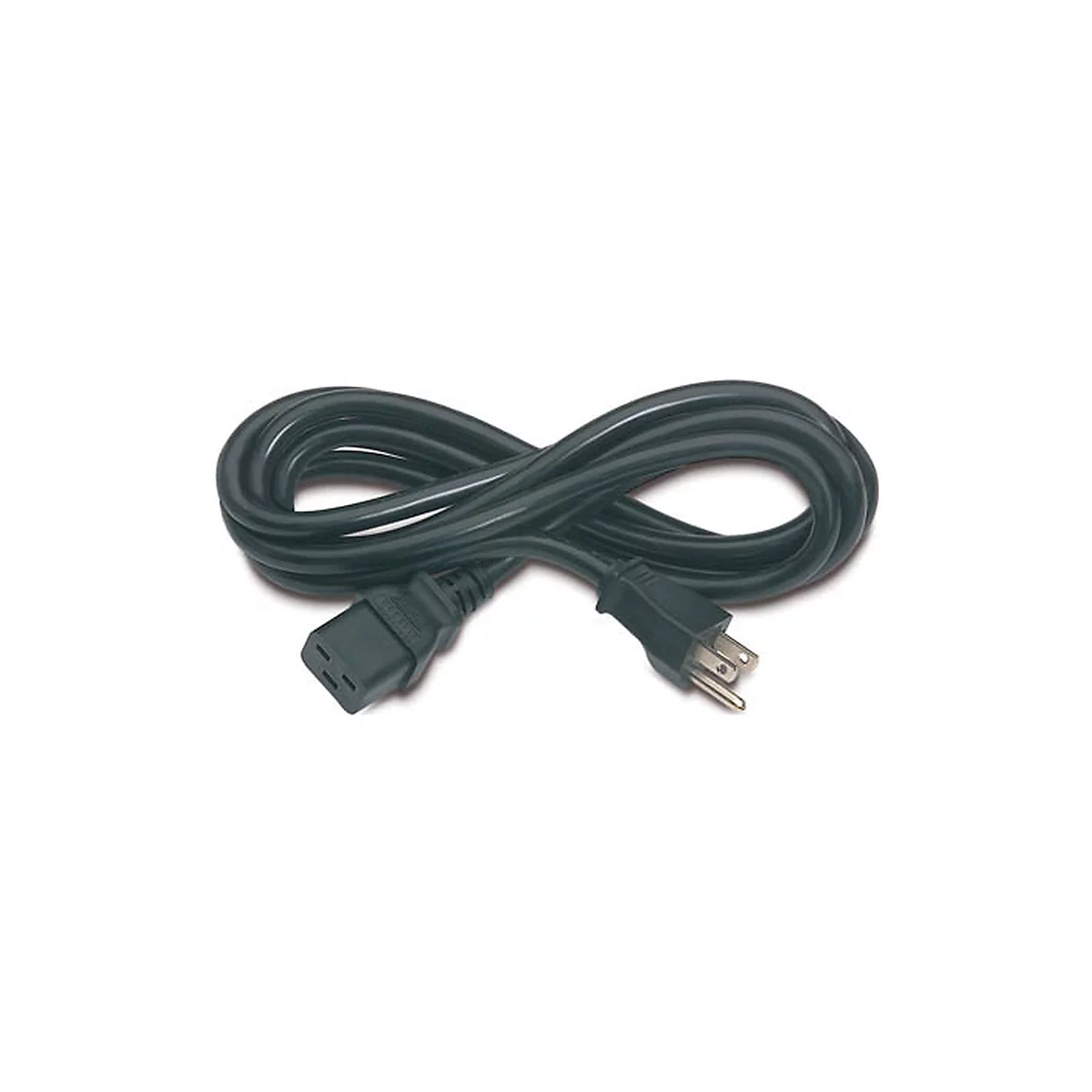 Ein schwarzes Netzkabel mit Stecker und Buchse, auf weißem Hintergrund.