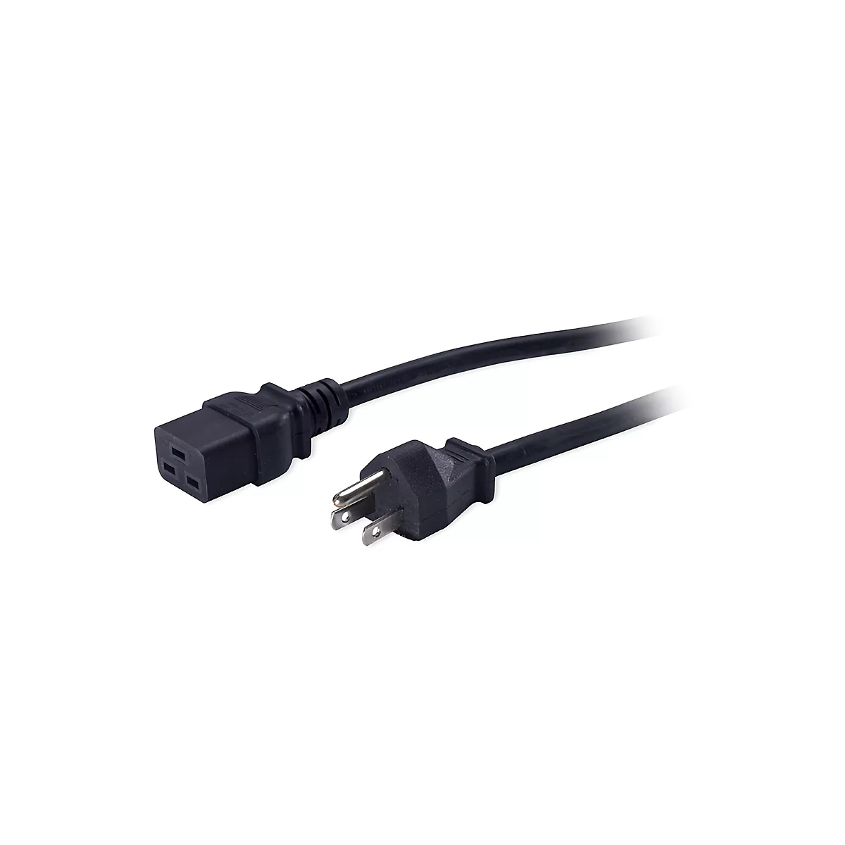 Ein schwarzes Netzkabel mit Stecker und Buchse, freigestellt auf weißem Hintergrund.