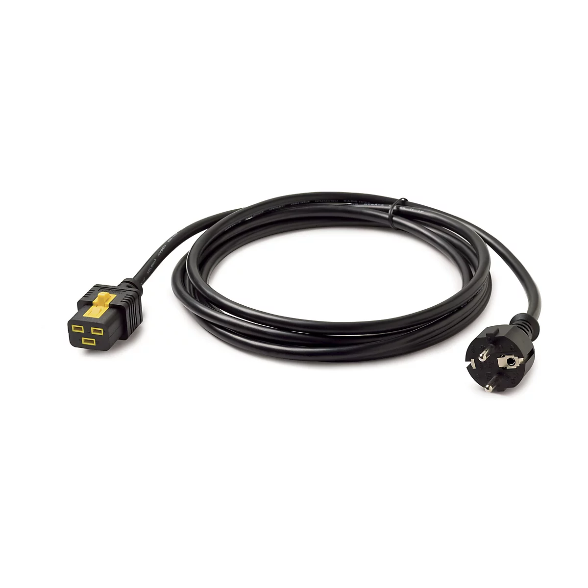 Ein schwarzes Stromkabel mit zwei Steckern. Der eine Stecker ist ein C13-Stecker, der andere ist ein Eurostecker.