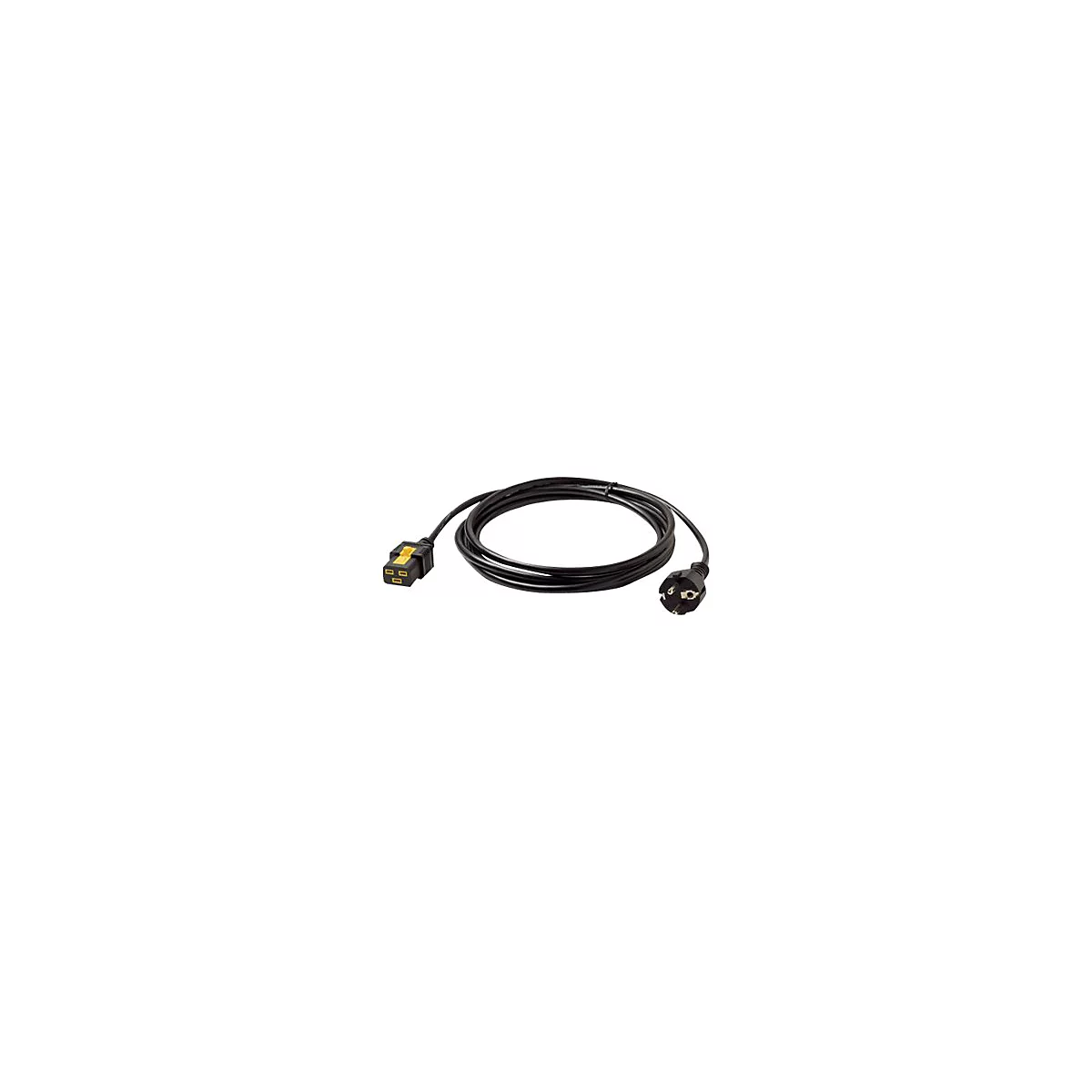 Schwarzes Netzkabel mit Stecker und Buchse auf weißem Hintergrund.