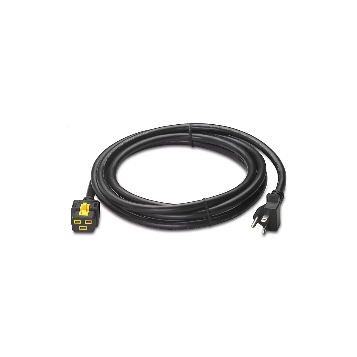 Ein schwarzes Netzkabel, auf weißem Hintergrund, mit einem gelben und schwarzen Stecker und einem dreipoligen Stecker.