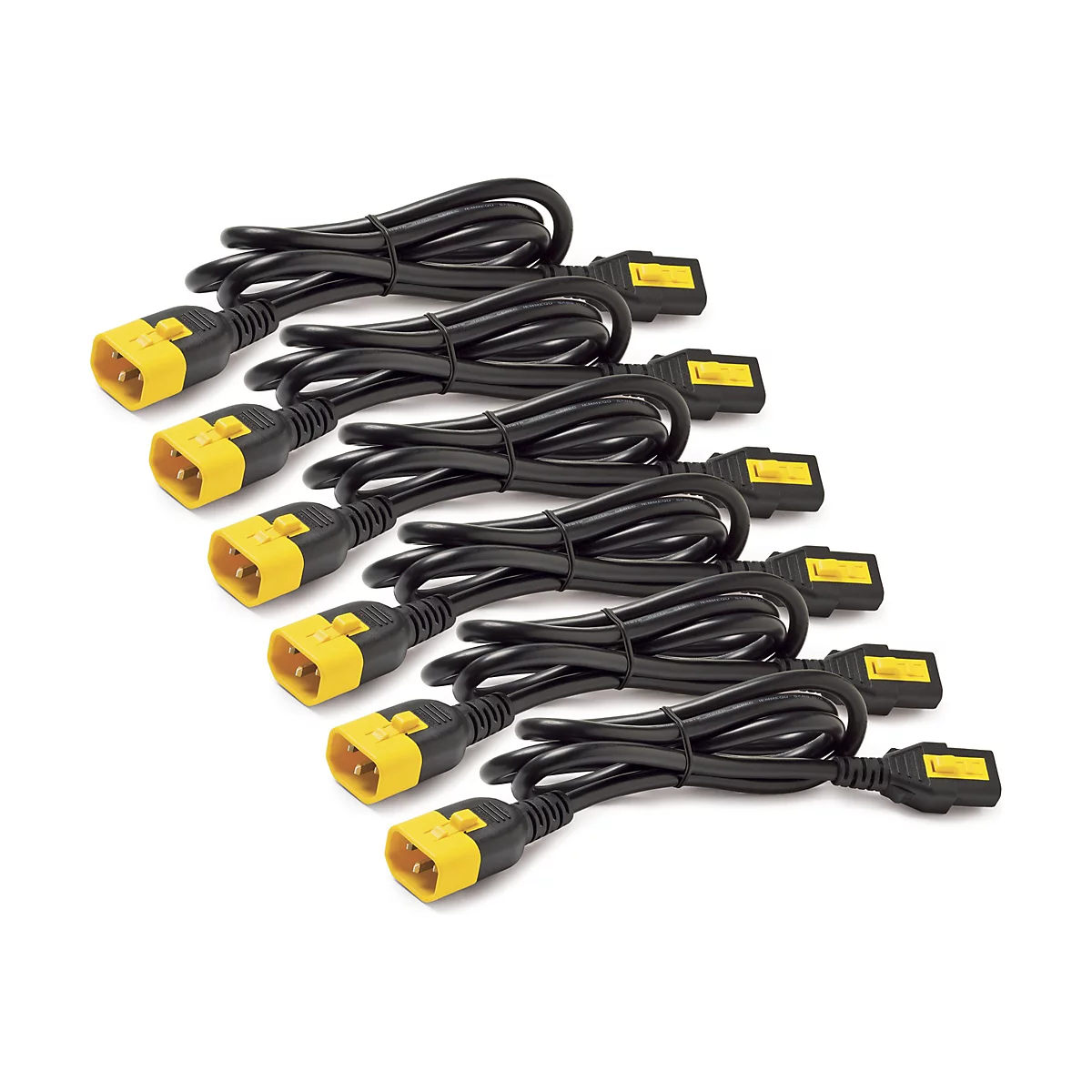 Mehrere schwarze Netzkabel mit gelben Steckern auf weißem Hintergrund.