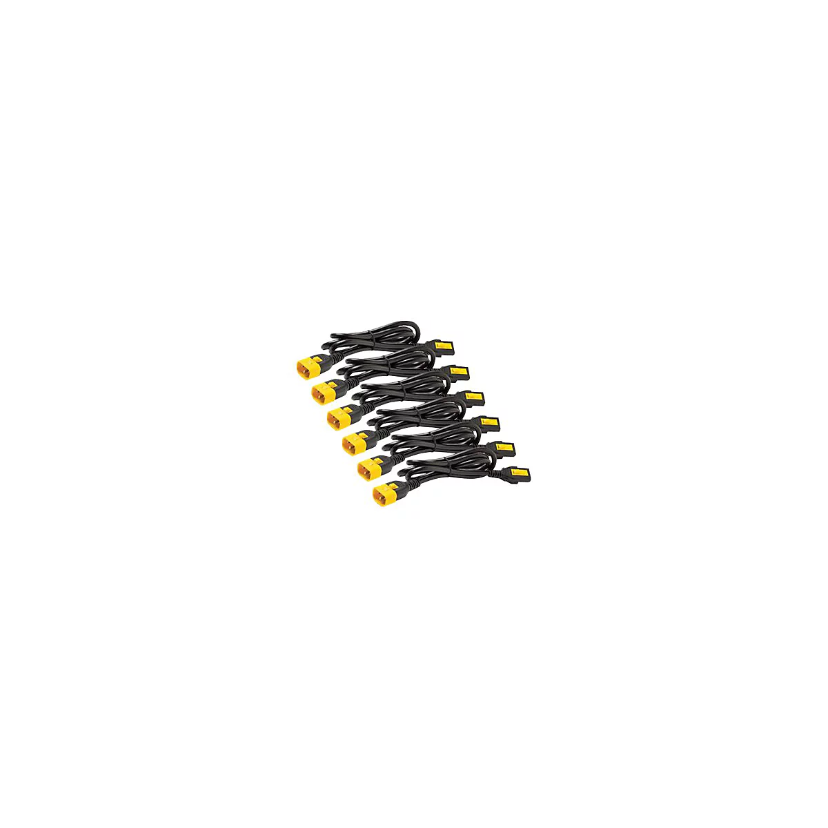 Mehrere schwarze Netzkabel mit gelben Steckern. Die Kabel sind auf weißem Hintergrund angeordnet.