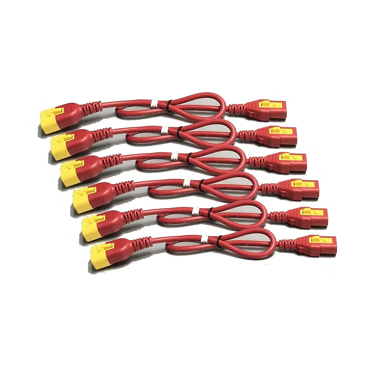 Sechs rote Kabel mit gelben Steckern liegen auf weißem Grund. Die Kabel sind zu Schlaufen gebunden.