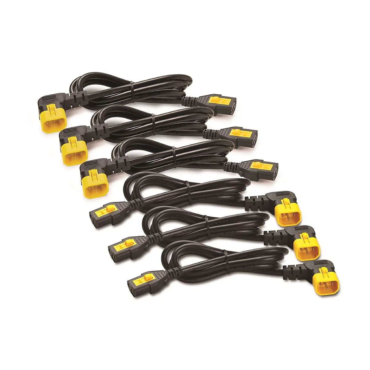 Mehrere schwarze Netzkabel mit gelben Steckern liegen auf weißem Hintergrund.