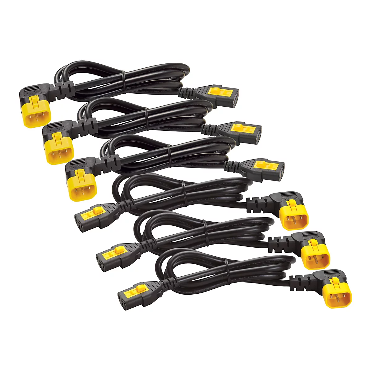 Mehrere schwarze Netzkabel mit gelben Steckern liegen auf weißem Hintergrund. Die Stecker sind abgewinkelt und tragen die Aufschrift "APC".
