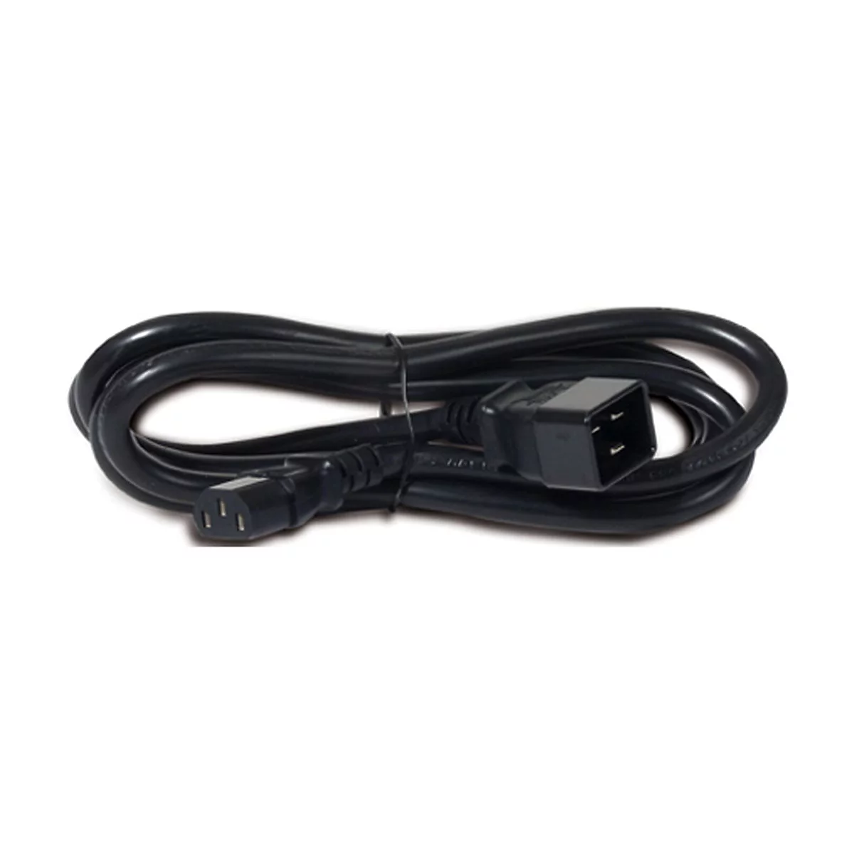 Schwarzes Netzkabel mit zwei Anschlüssen auf weißem Hintergrund.