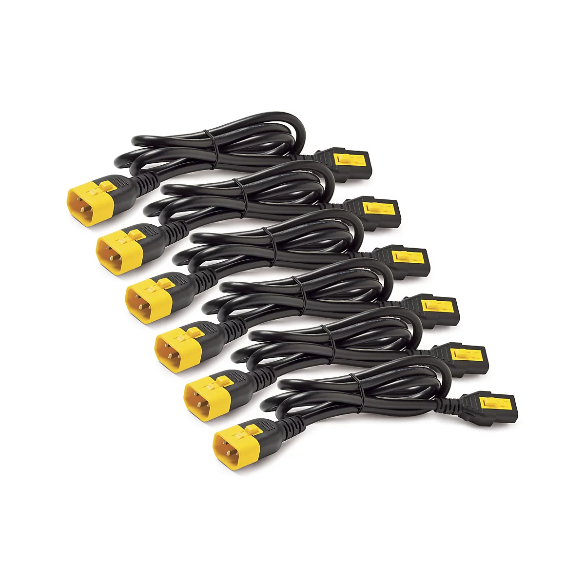 Mehrere schwarze Netzkabel mit gelben Steckern auf weißem Hintergrund.