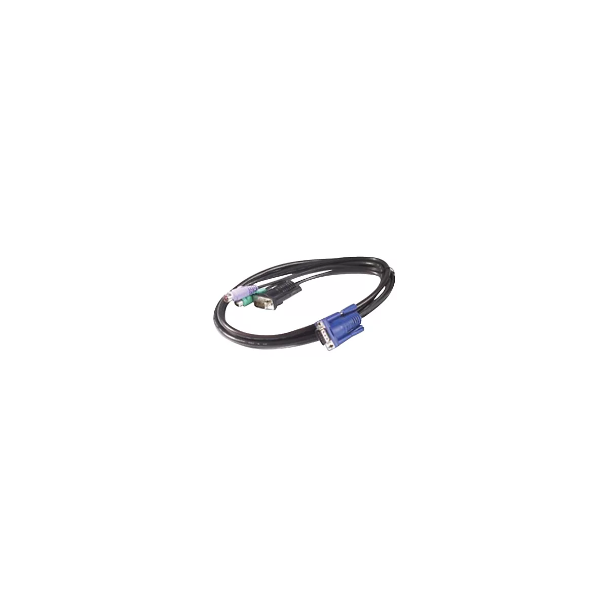 Schwarzes Monitorkabel mit einem blauen VGA-Stecker und mehreren kleinen Audio- und Videoanschlüssen.