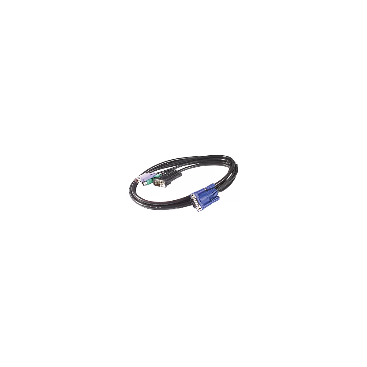 Kabel mit VGA-Stecker, PS/2-Anschlüssen und Audio-Klinke auf schwarzem Hintergrund.