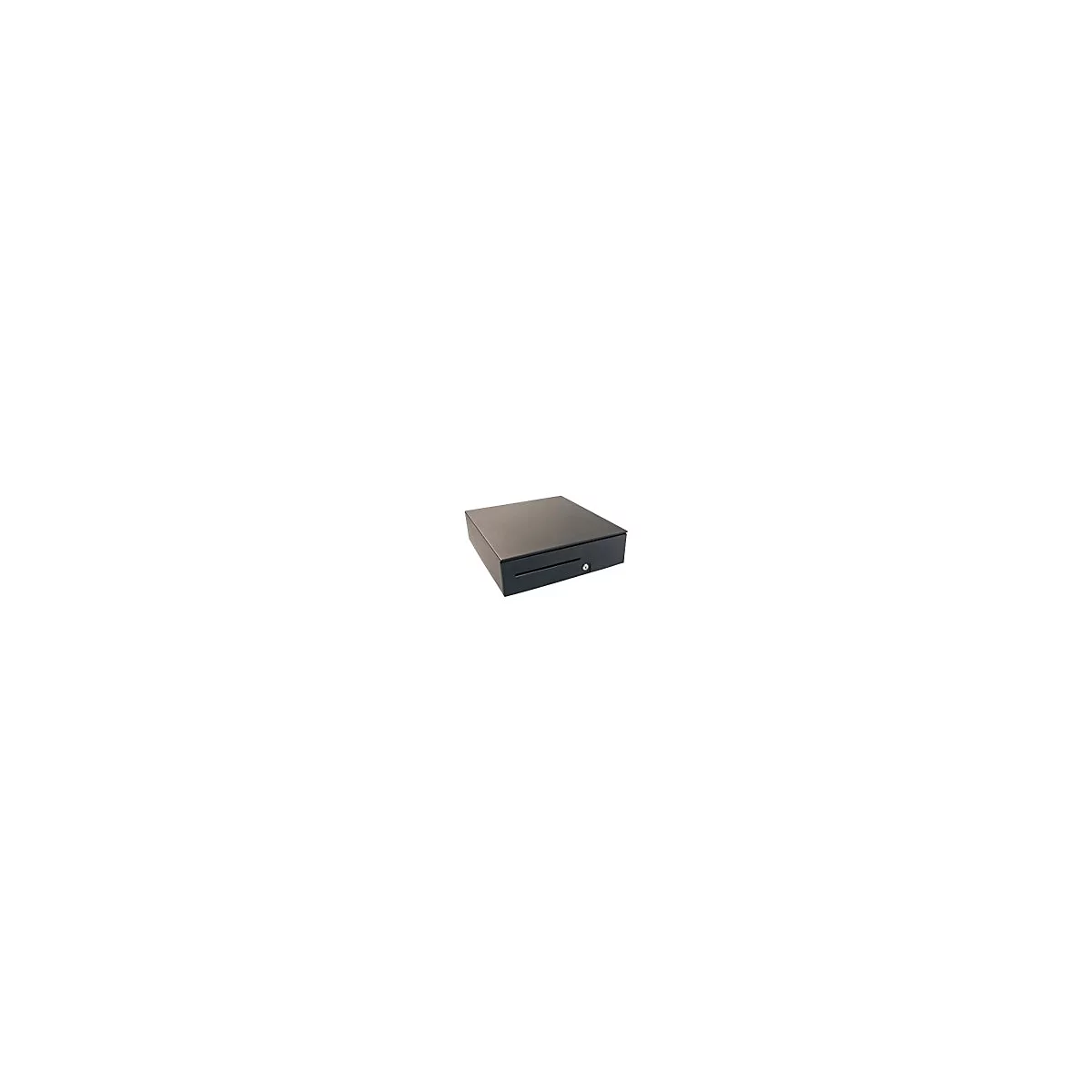 Eine geschlossene, schwarze Kassenschublade aus Metall mit einem Schlüsselschloss an der Vorderseite.