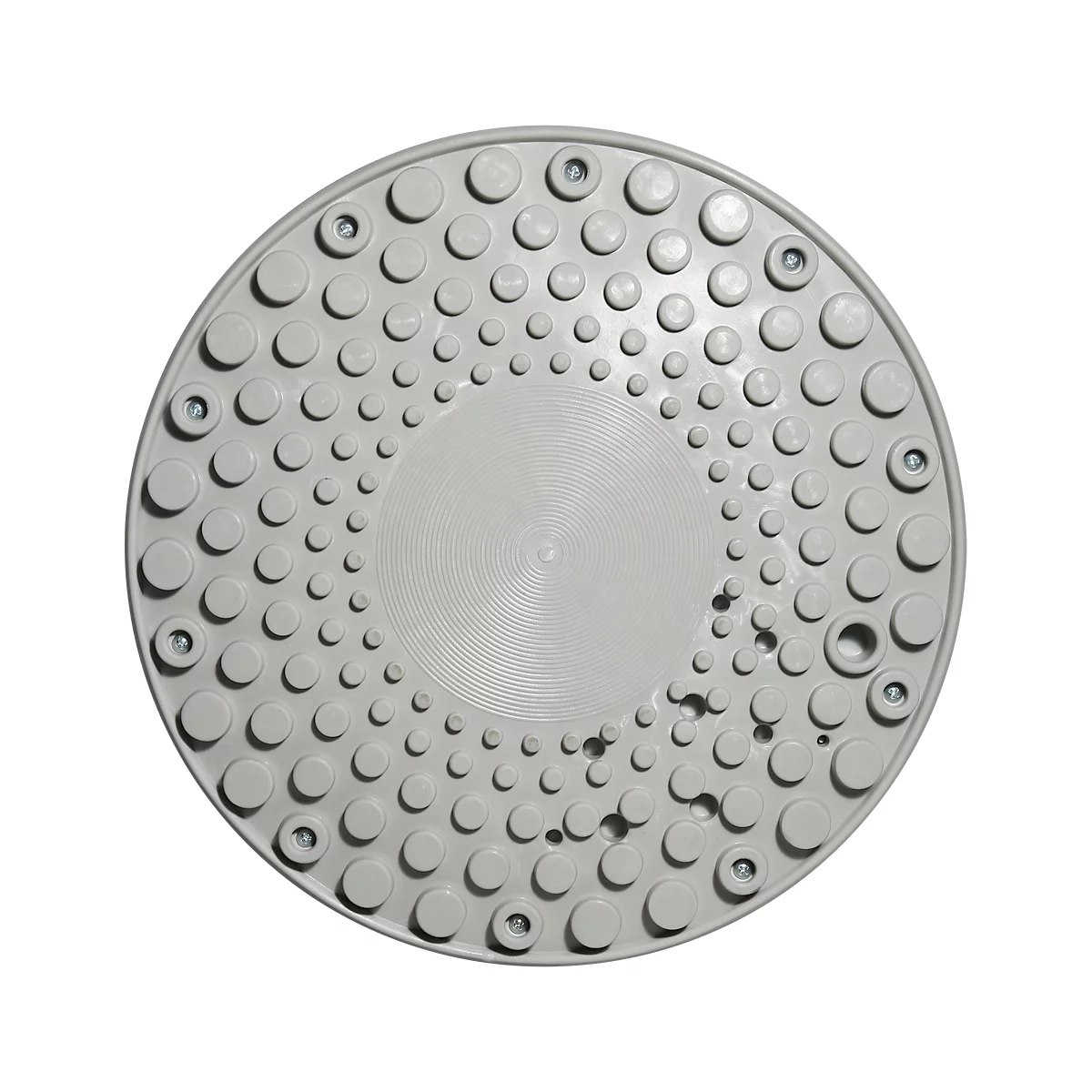 Placa de pie redonda gris con tachuelas y tornillos.