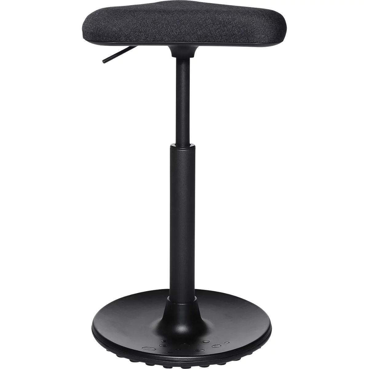 Taburete de sillín negro, regulable en altura, tapizado, con base redonda.