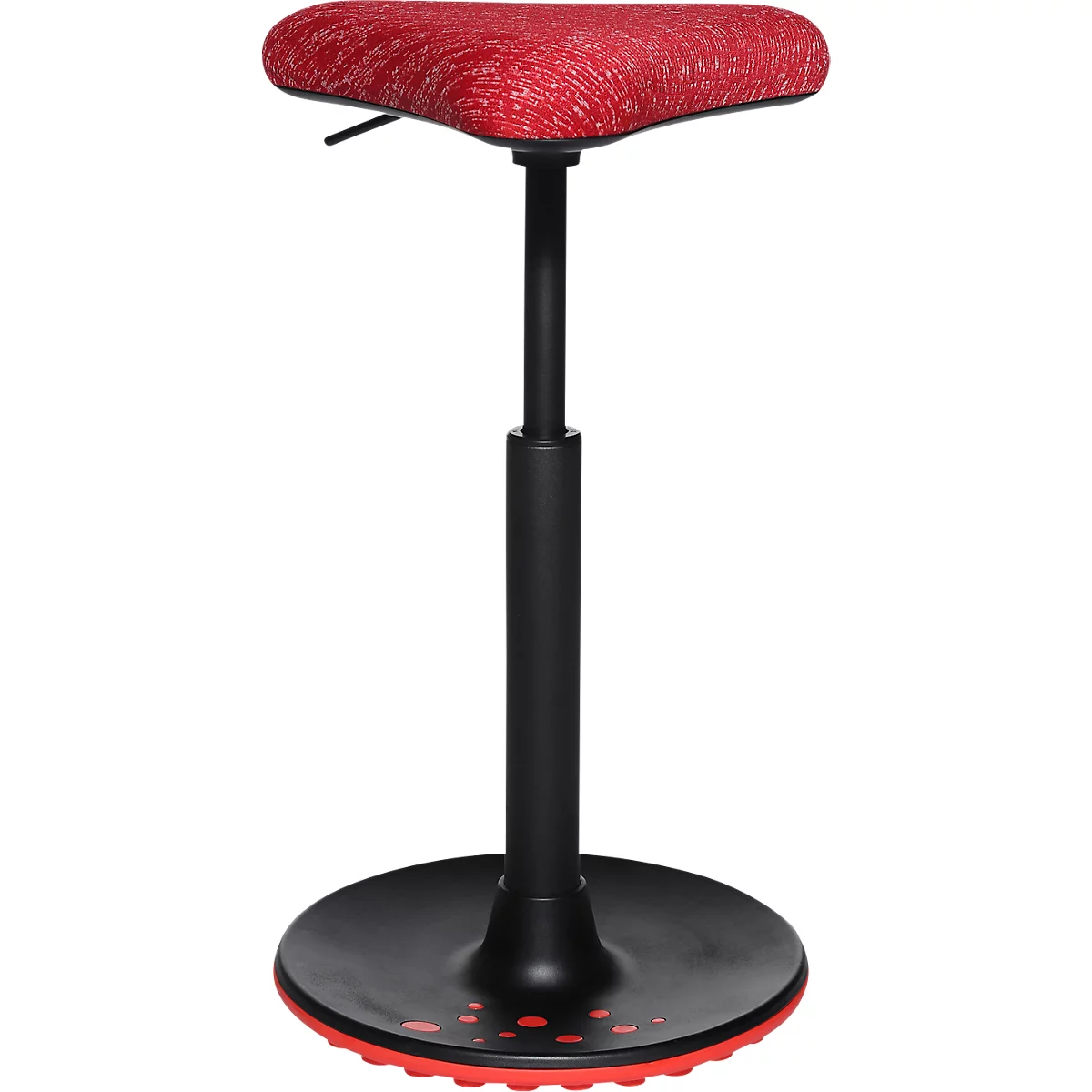 Un taburete ergonómico con asiento rojo estampado, columna negra y base redonda.