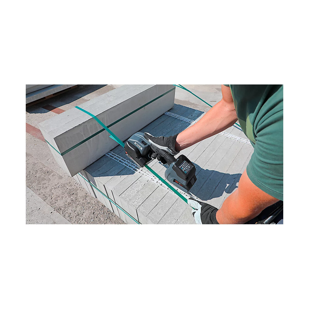Appareil de cerclage par accu Banholzer et Wenz BXT4-16, pour feuillards PP/PET de L 12-16 mm et épaisseur 0,5-1,00 mm, force de traction jusqu'à 2500 N, 5 modes, noir