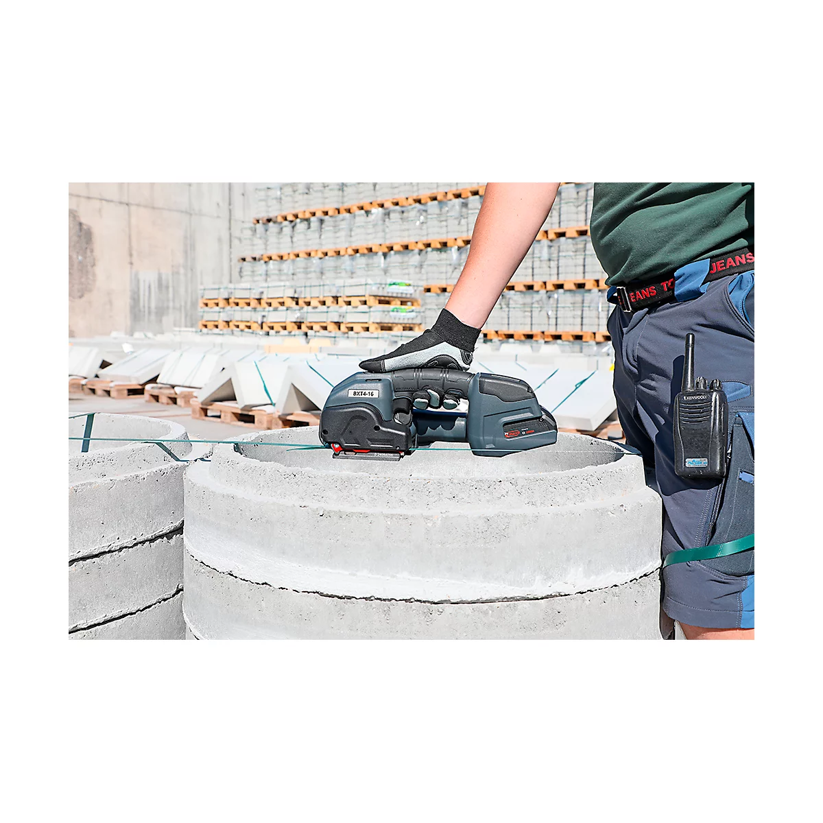 Appareil de cerclage par accu Banholzer et Wenz BXT4-16, pour feuillards PP/PET de L 12-16 mm et épaisseur 0,5-1,00 mm, force de traction jusqu'à 2500 N, 5 modes, noir