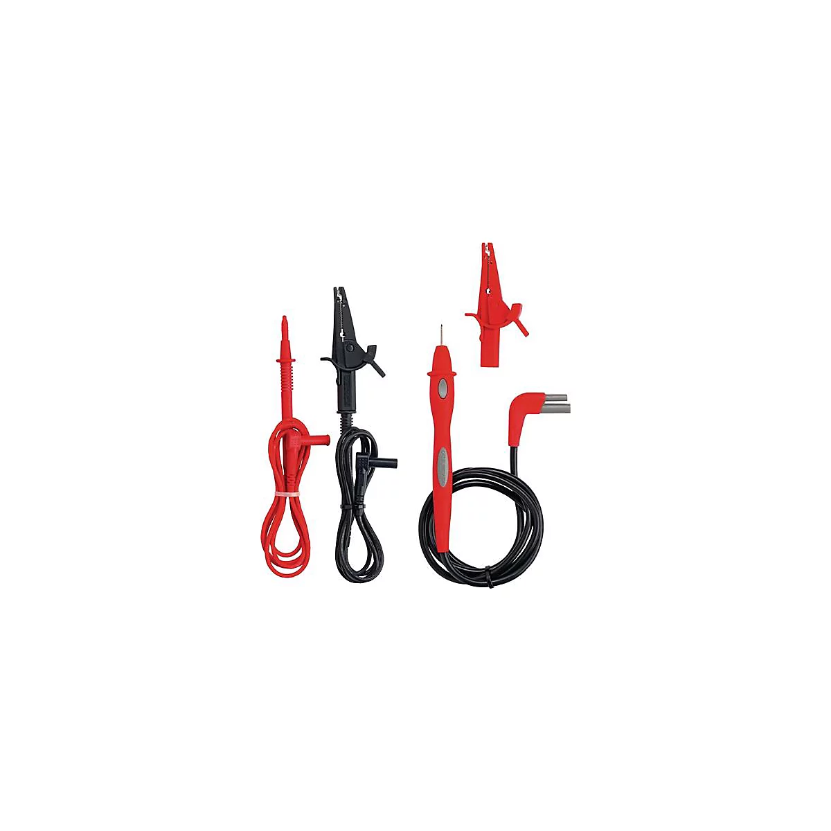 Divers fils de test électriques et accessoires en rouge et noir. Pinces crocodiles, fiches, sondes de test.