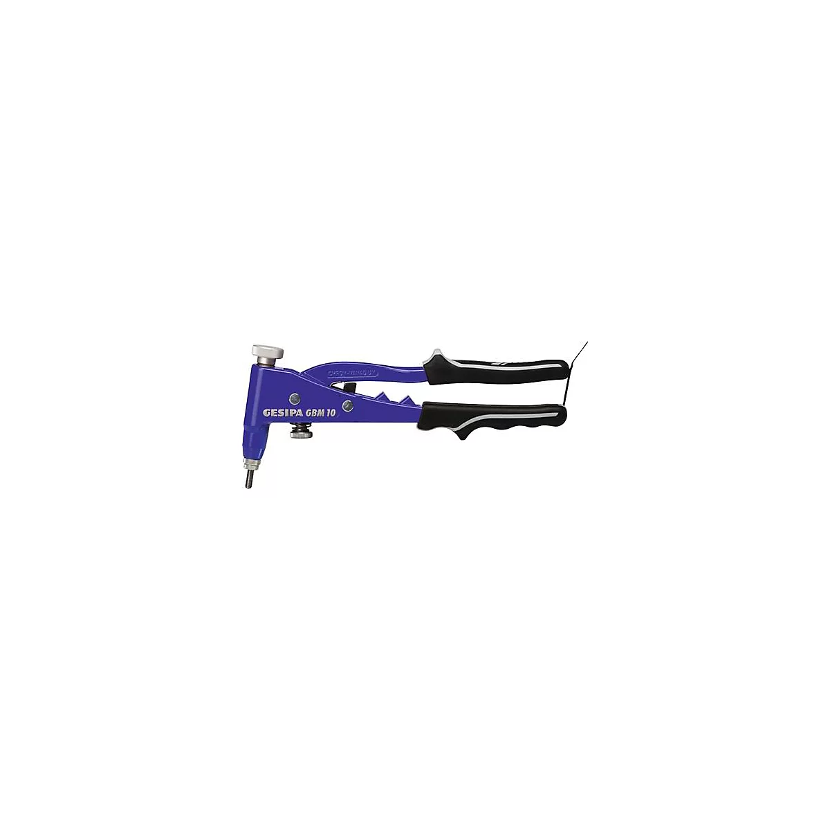 Pince à riveter bleue avec poignées noires. Inscription : GESIPA GBM 10.