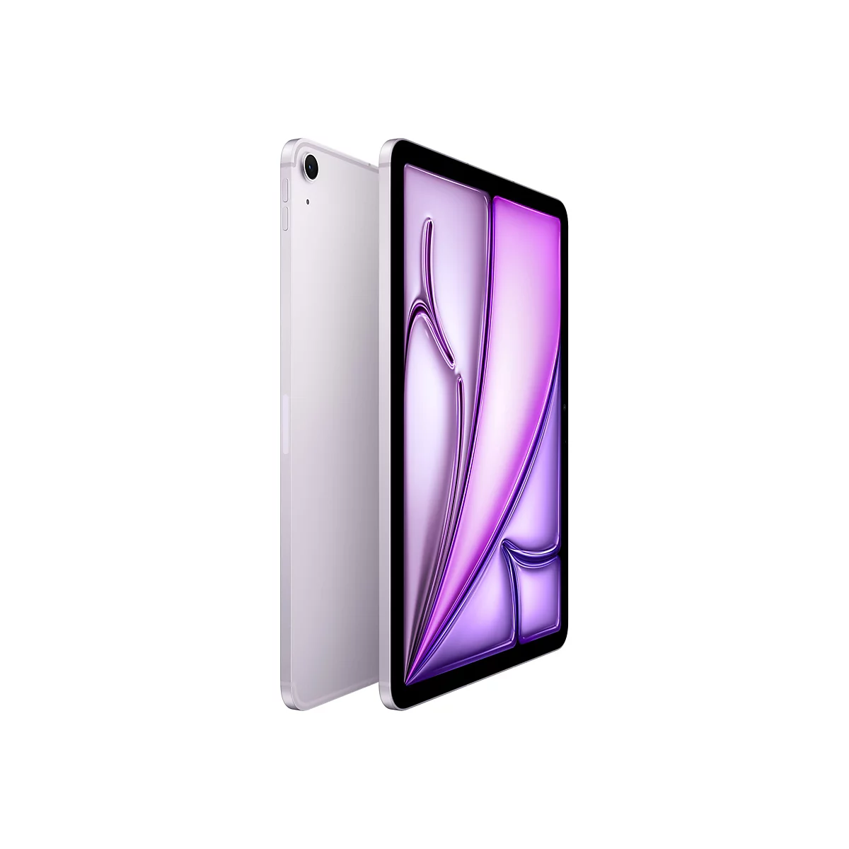 Ein lilafarbenes Tablet, das leicht geneigt vor einem weißen Hintergrund steht. Die rechte Seite zeigt das Display, das eine abstrakte lila und weiße Grafik zeigt.