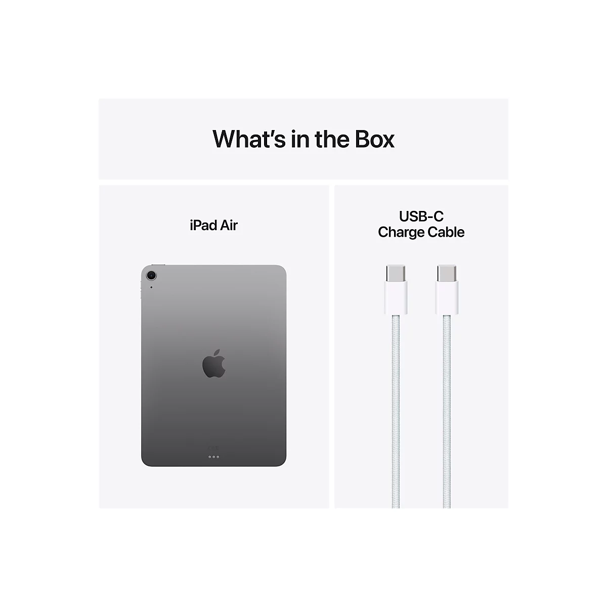 Graues iPad Air neben einem weißen USB-C-Ladekabel. Überschrift: What's in the Box?