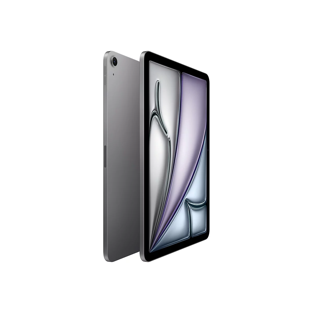 Graues Tablet mit schwarzem Rand, leicht schräg. Der Bildschirm zeigt reflektierende Formen. Auf der Rückseite eine Kamera.