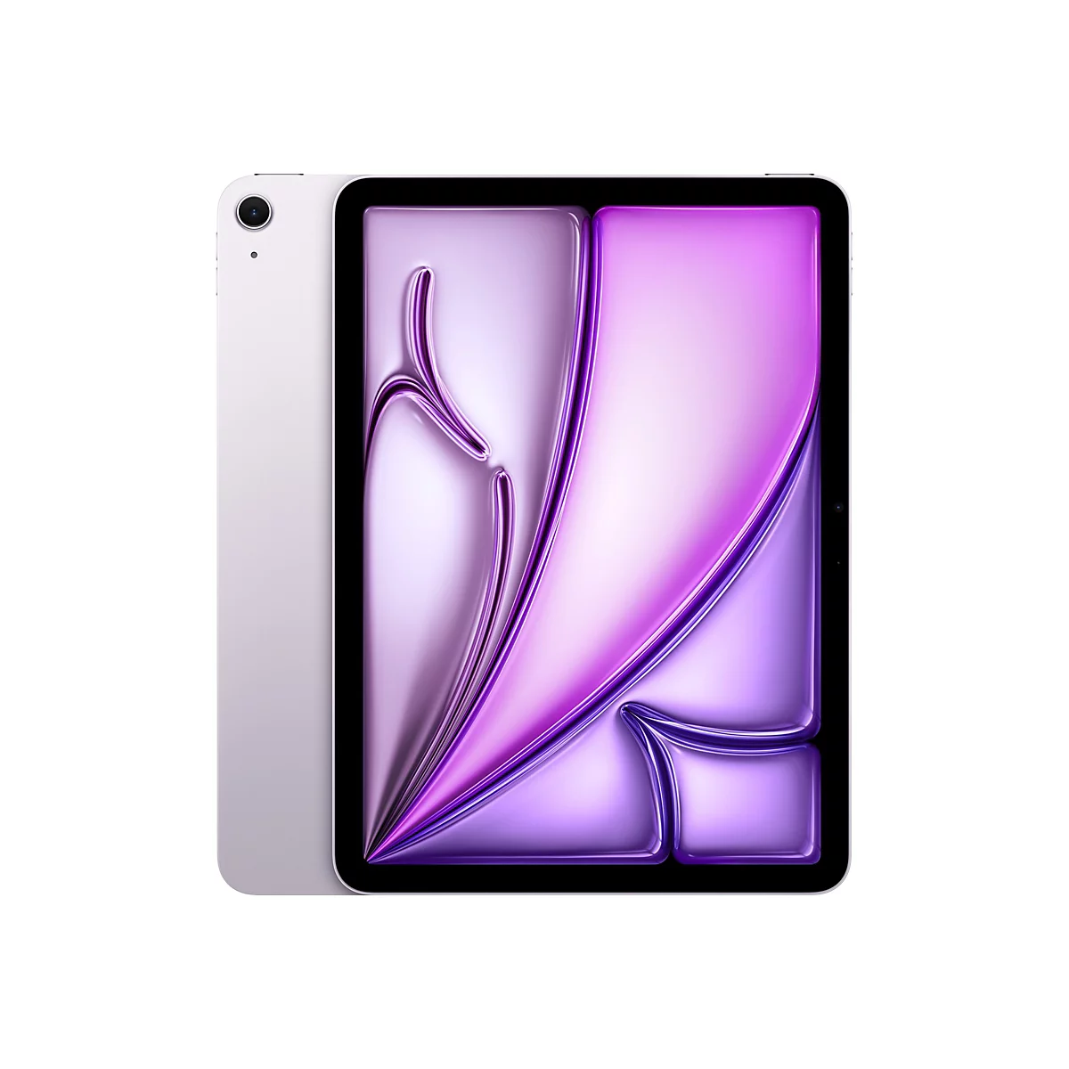 Ein lilafarbenes Tablet auf weißem Hintergrund. Es zeigt ein abstraktes, künstlerisches Design auf dem Bildschirm.