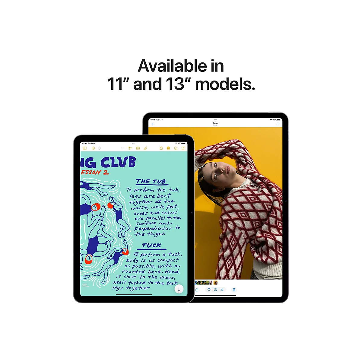 Zwei Tablets. Eins zeigt eine Illustration einer Schwimmlektion, das andere eine Frau in einem roten Pullover vor gelbem Hintergrund.