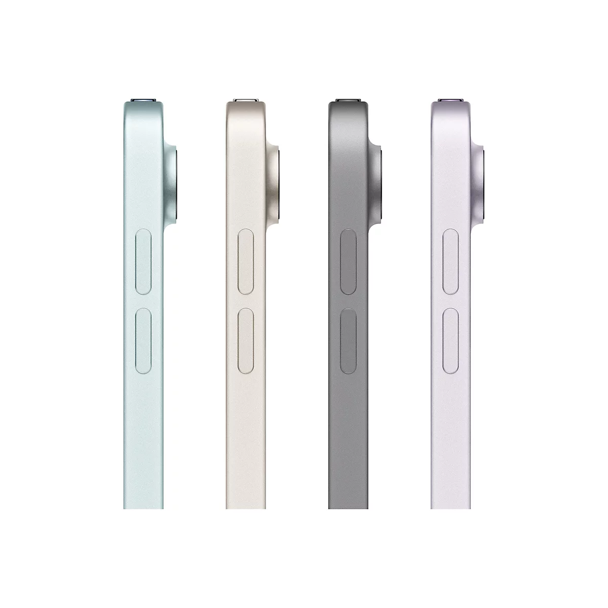 Nahaufnahme von vier iPads in verschiedenen Farben: Mintgrün, Beige, Grau und Lila, Seite an Seite.