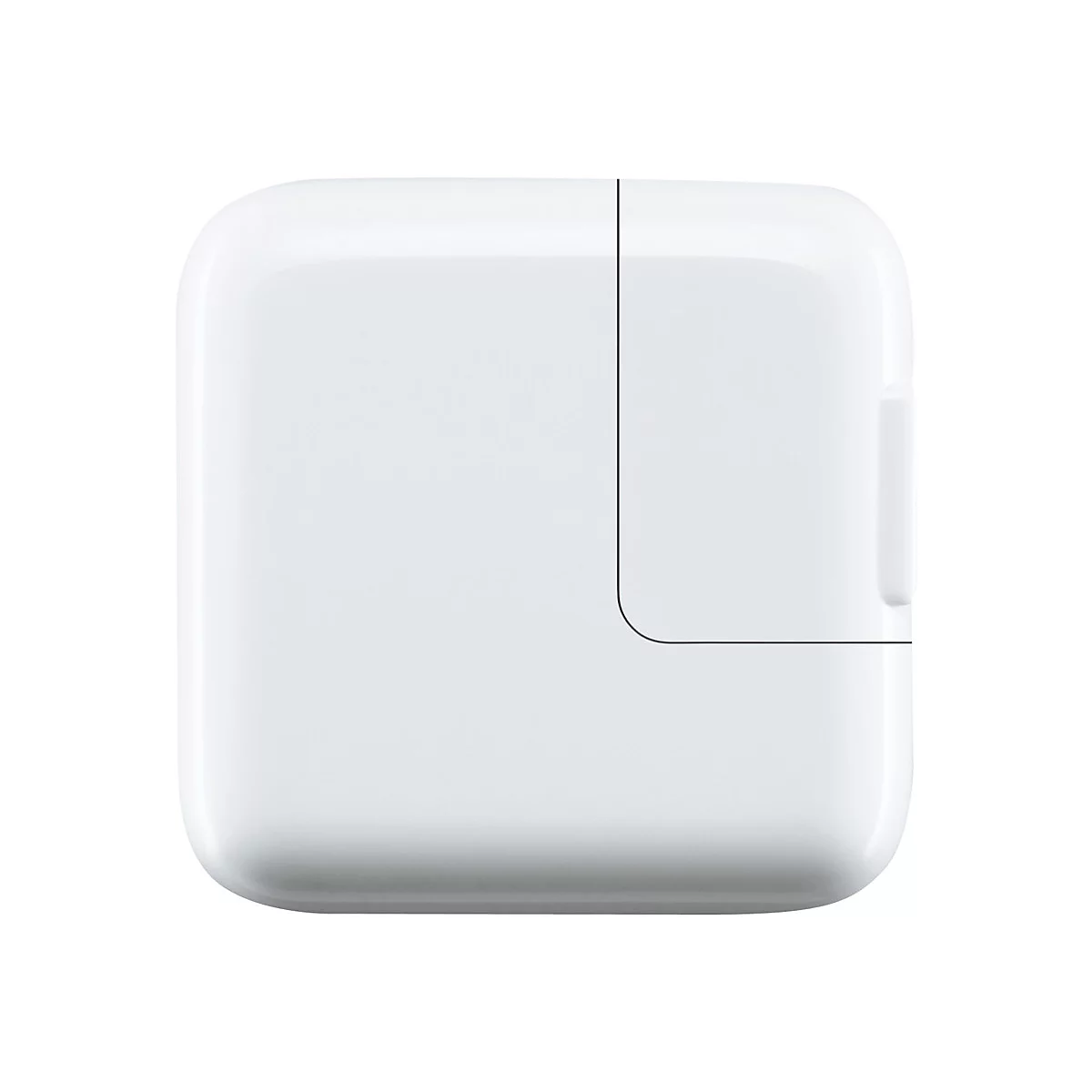 Weißer, quadratischer Apple-Netzadapter mit abgerundeten Ecken vor weißem Hintergrund.