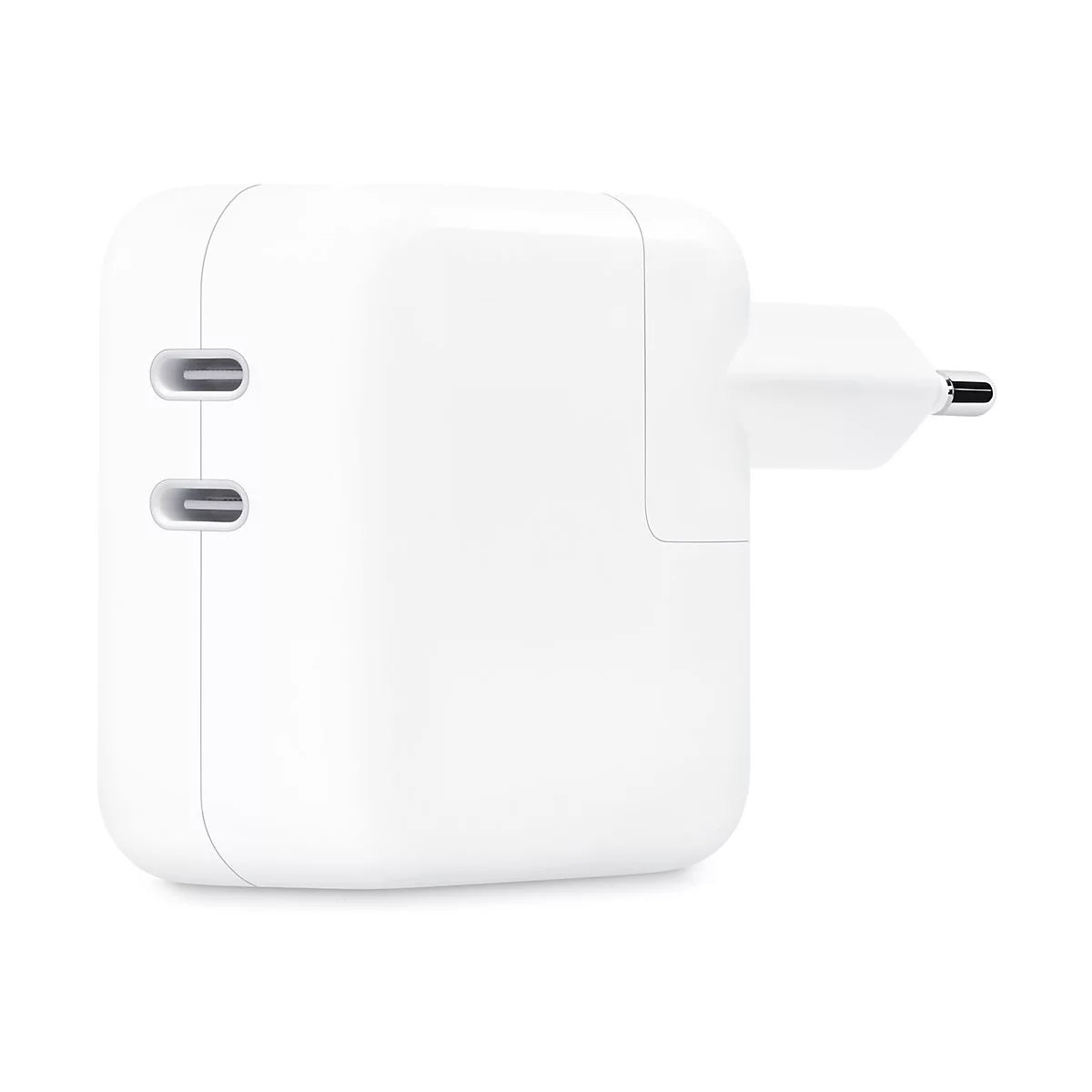 Adaptateur secteur blanc avec ports USB-C et prise européenne. Appareil pour charger des appareils électroniques.