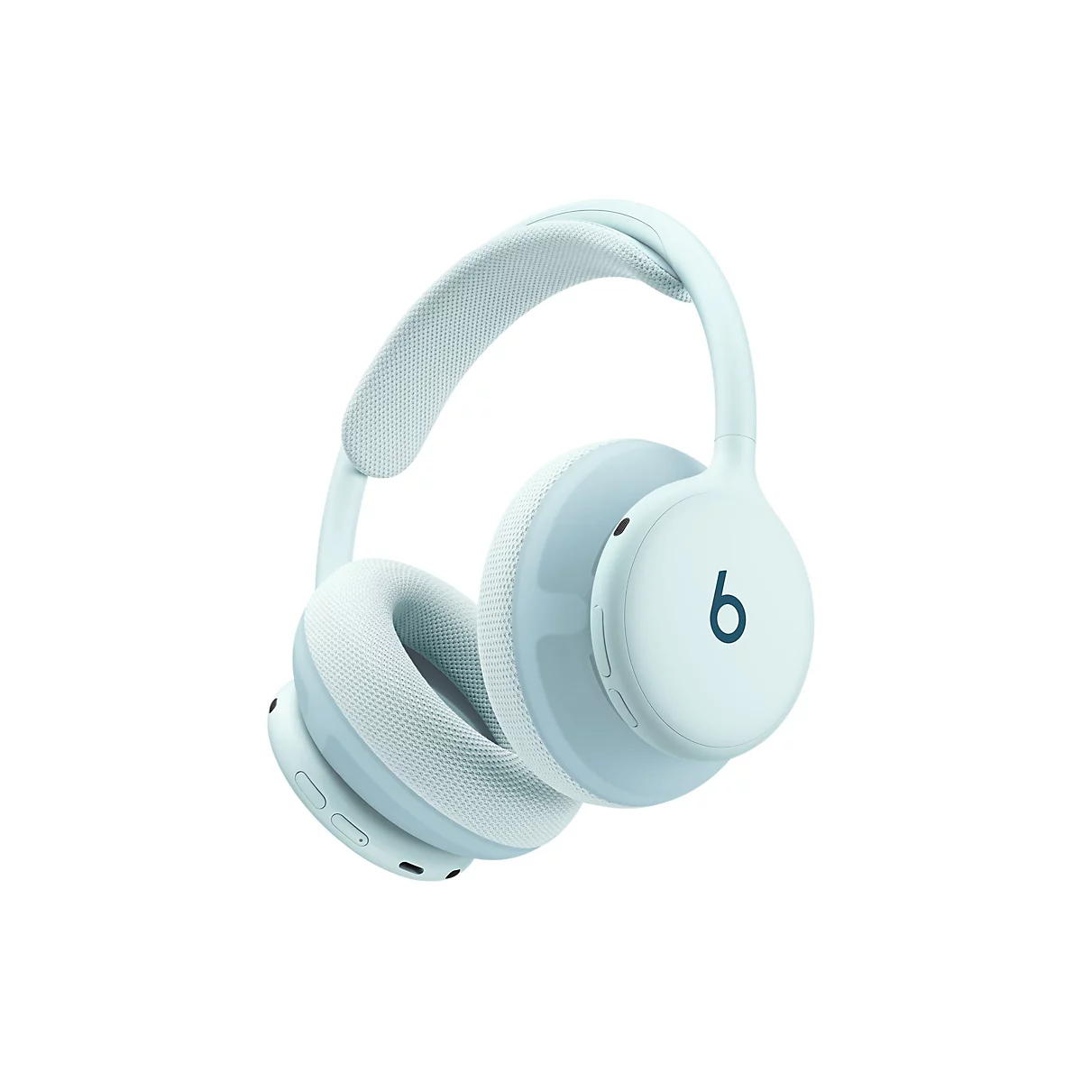 Hellblaue kabellose Beats Over-Ear-Kopfhörer vor weißem Hintergrund.