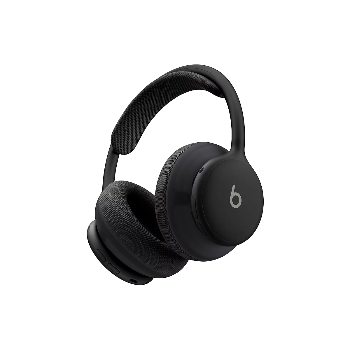 Schwarze kabellose Beats-Kopfhörer mit weichen Ohrpolstern vor weißem Hintergrund.