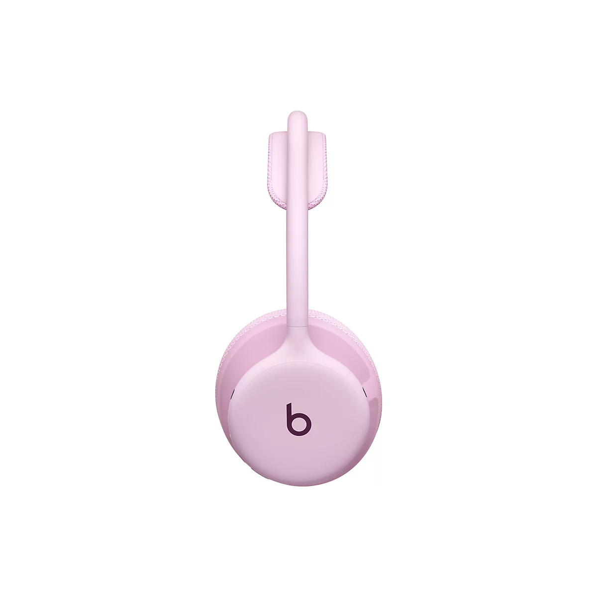 Seitliche Ansicht eines rosafarbenen Beats-Kopfhörers vor weißem Hintergrund.
