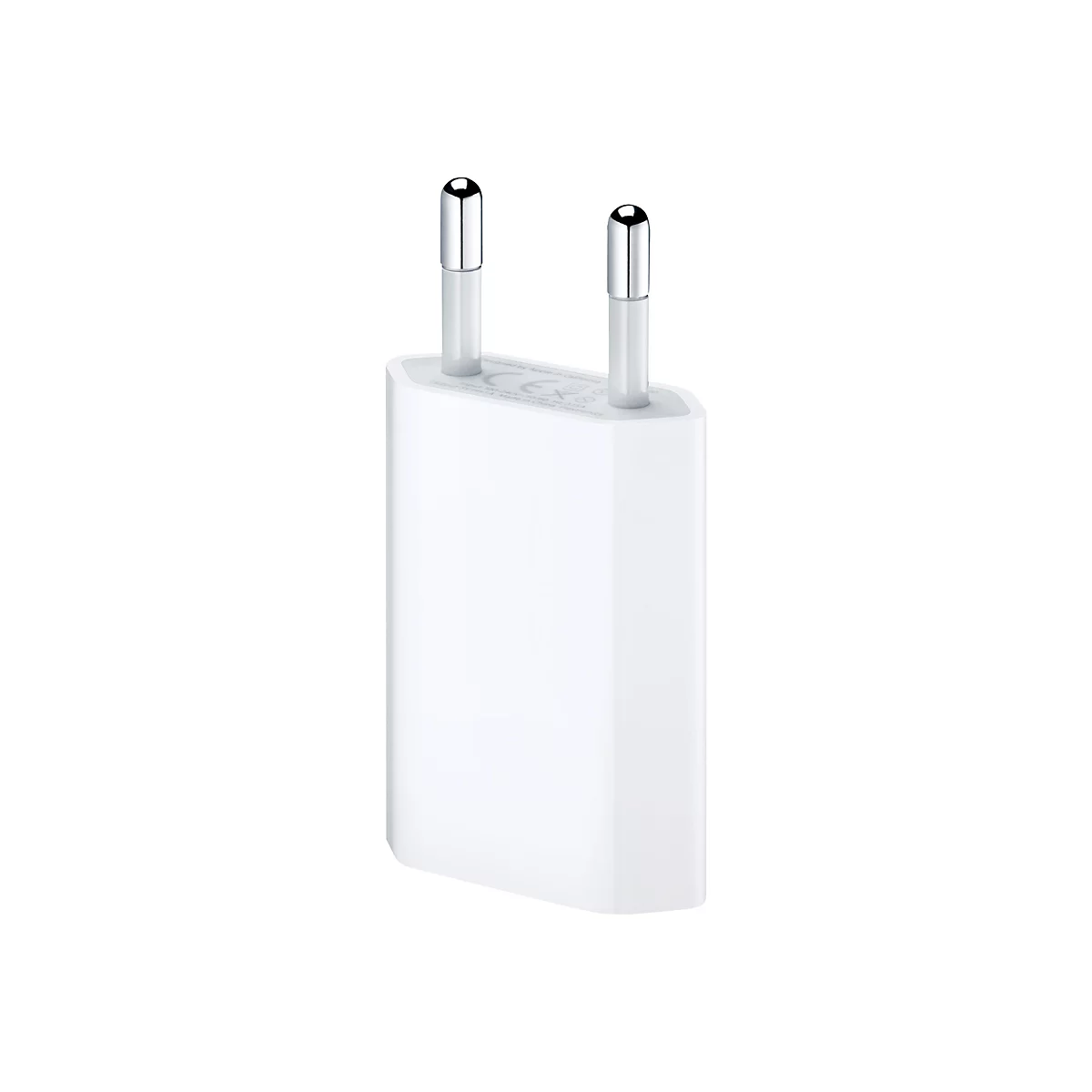 Weißes Apple USB-Netzteil für Steckdosen vor weißem Hintergrund.