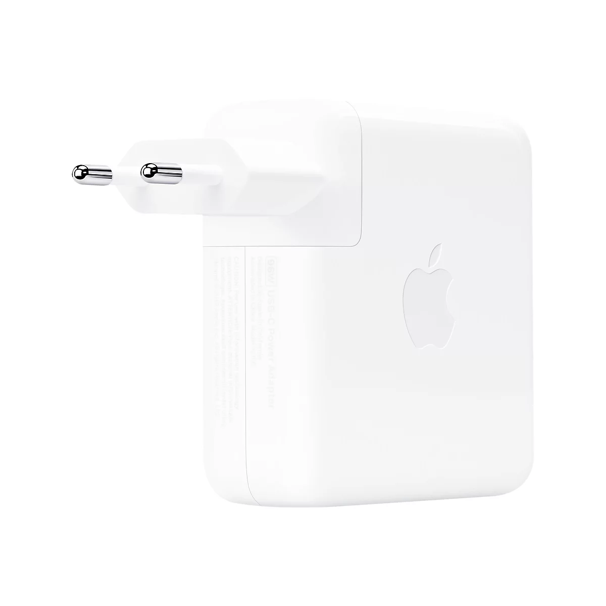 Weißes Apple 96W USB-C Netzteil mit Eurostecker vor neutralem Hintergrund.