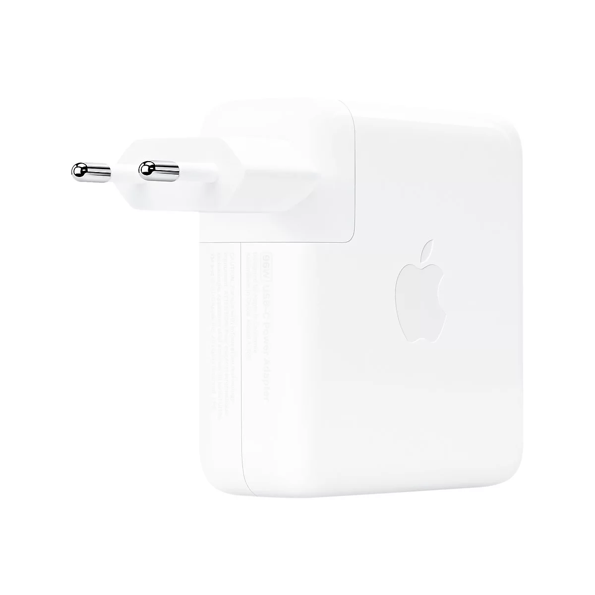 Weißes Apple USB-C Netzteil mit 96 Watt für europäische Steckdosen vor neutralem Hintergrund.