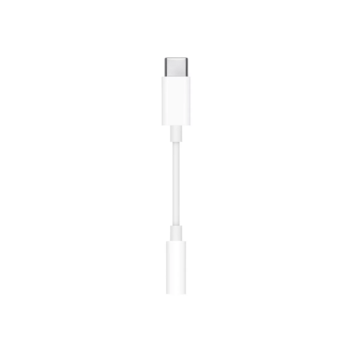 Weißer USB-C-auf-Klinke-Adapter. Oben ein USB-C-Stecker, unten ein Klinkenstecker.