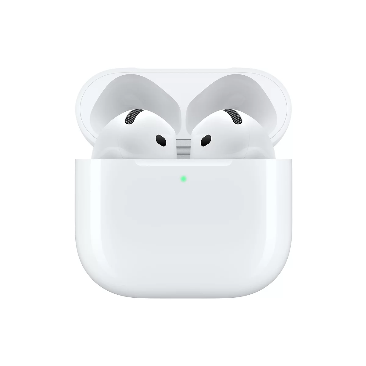 Weiße AirPods in geöffneter Ladebox auf weißem Hintergrund. Die AirPods sind in der Ladebox platziert. Auf der Box ist ein grünes Licht zu sehen.