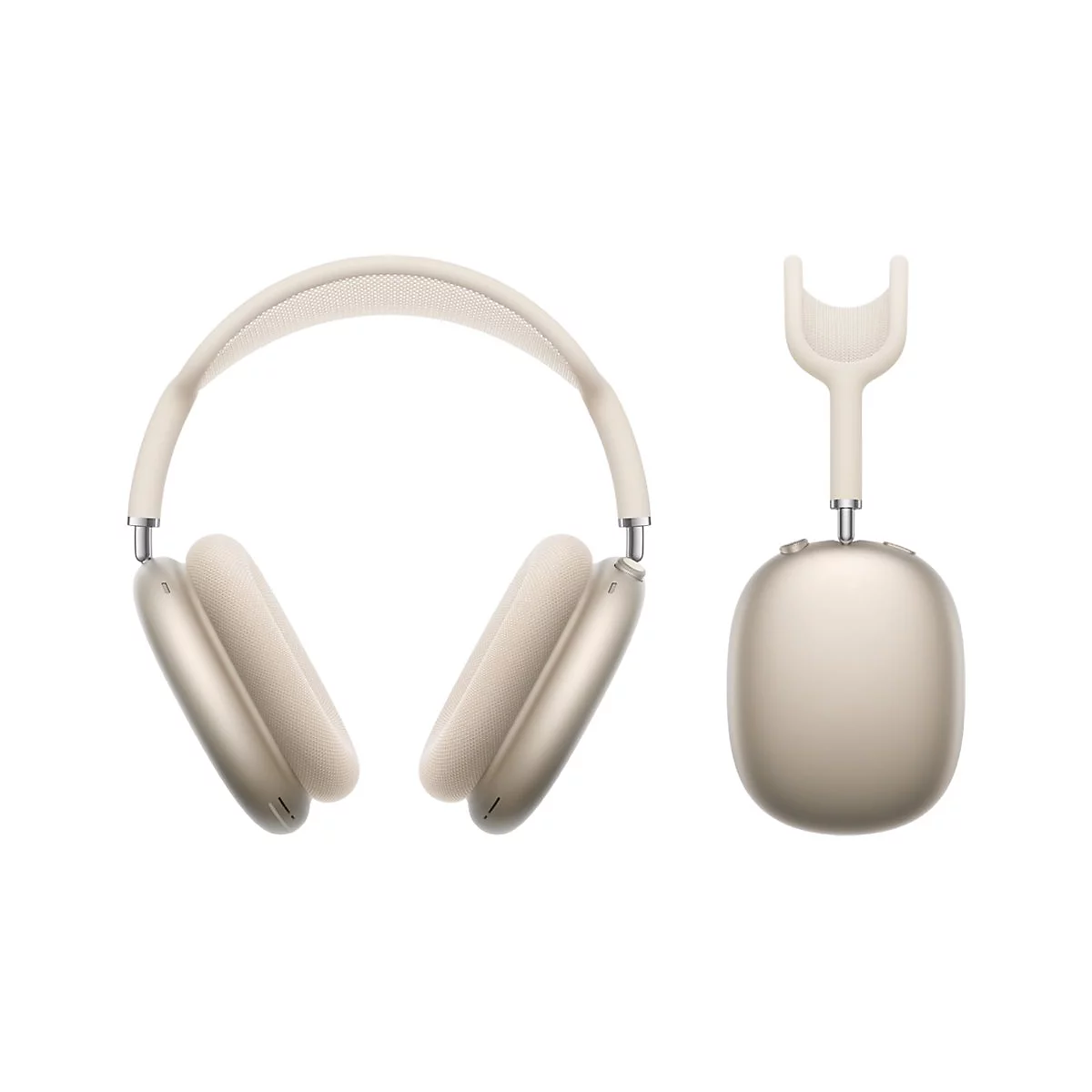 Beige Kopfhörer, links: Frontalansicht, rechts: Seitenansicht mit Ohrmuschel. Überwiegend Beige- und Grautöne, schlichtes Design.