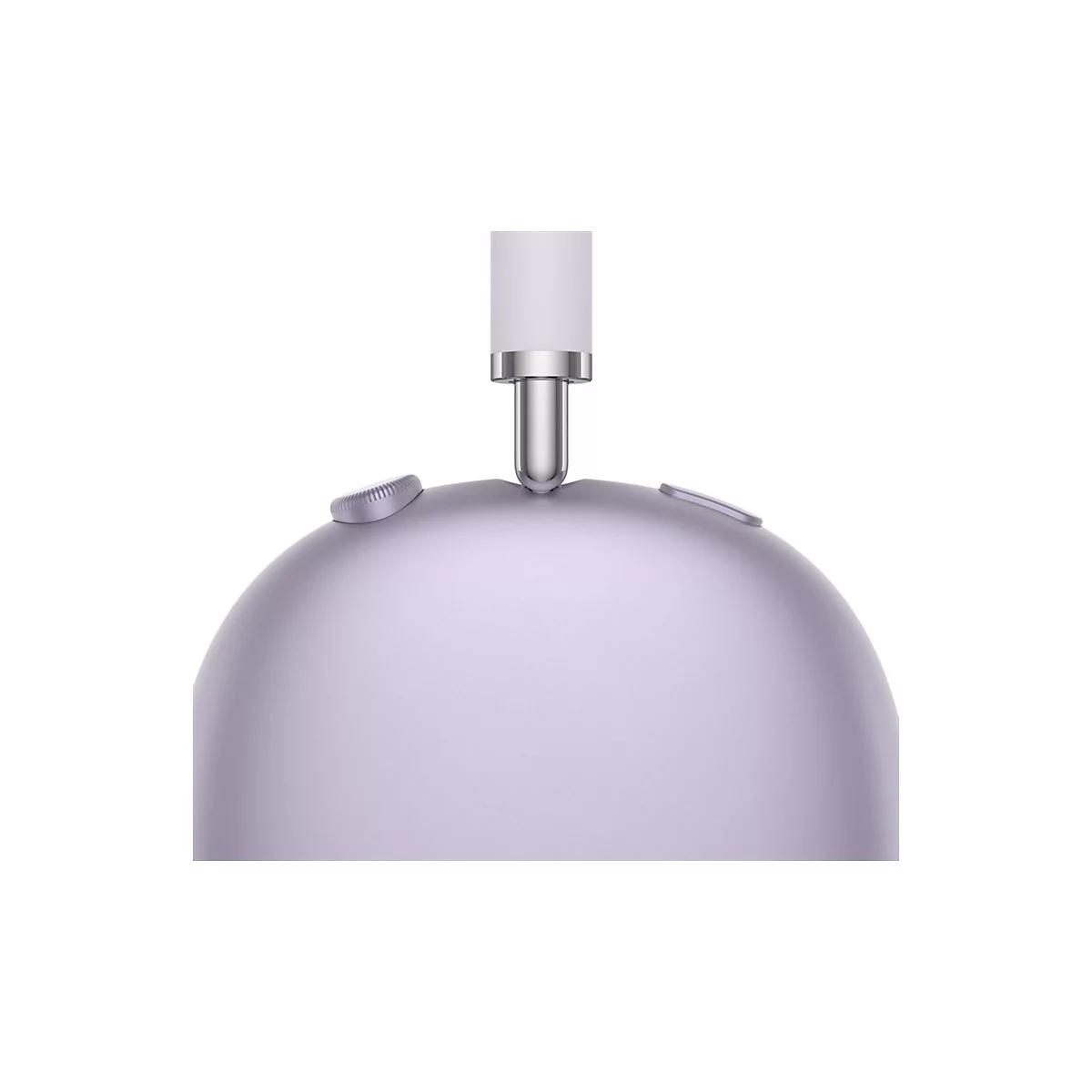 Nahaufnahme eines lila Kopfhörers. Oben ein weißer Schaft, darunter die Ohrkuppel mit zwei Knöpfen.